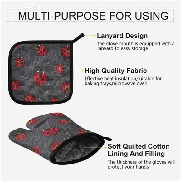 Oven Mitt Pot Holder Set Ladybugs WaterDrop Pattern Heat Resistant Quilted Glove - Picture 4 of 5